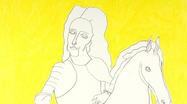 Zeichnung von Prinz Eugen auf einem Pferd auf gelbem Hintergrund