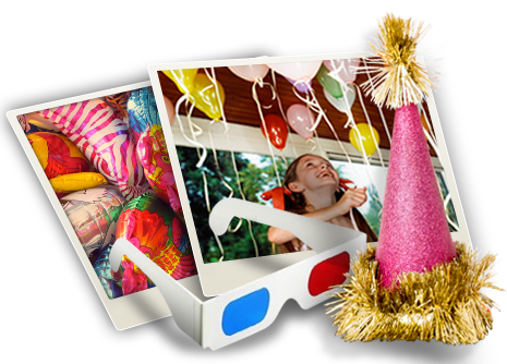 Photos of kids having a party, with lots of smiling, balloons etc...